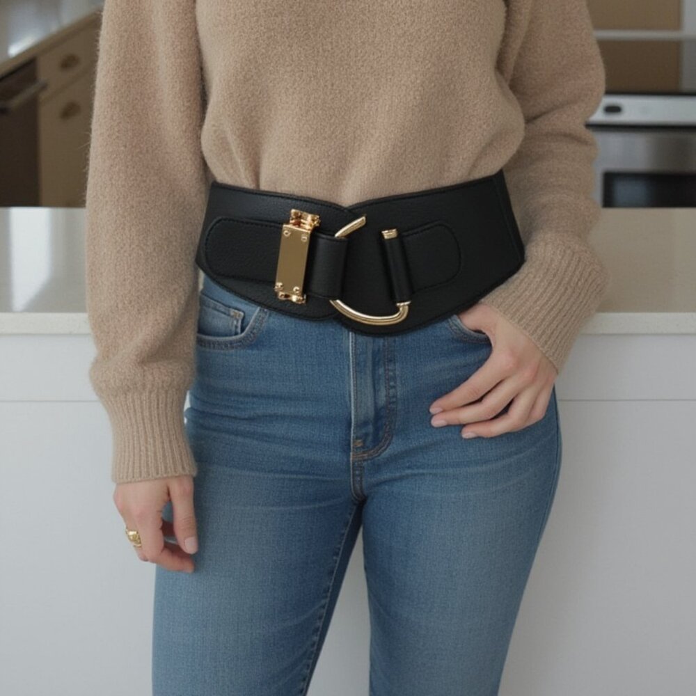 Women Gold Metal Hook Buckle Black Belt Wide Elastic Band Hip Waist Size S M